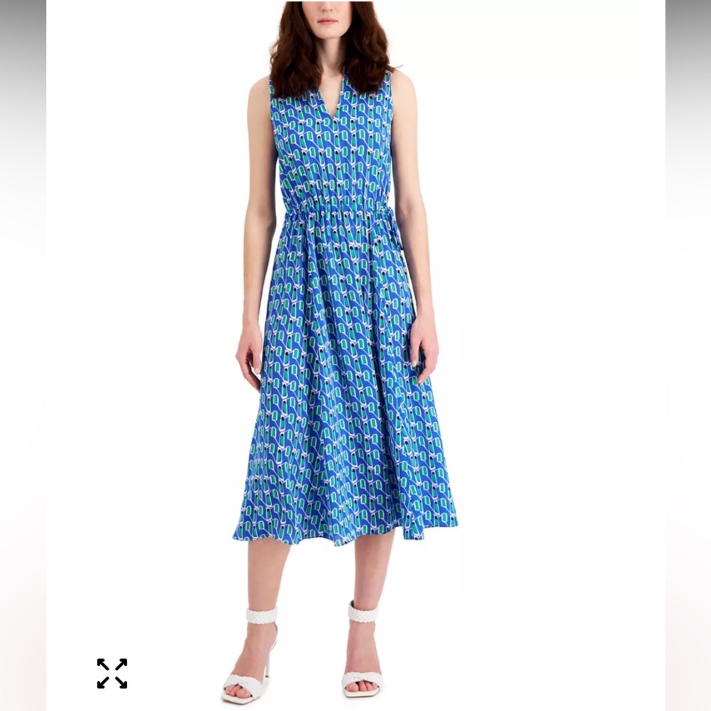 Anne Klein Jenna Drawstring Midi Dress in Blue Lapis Combo NWOT